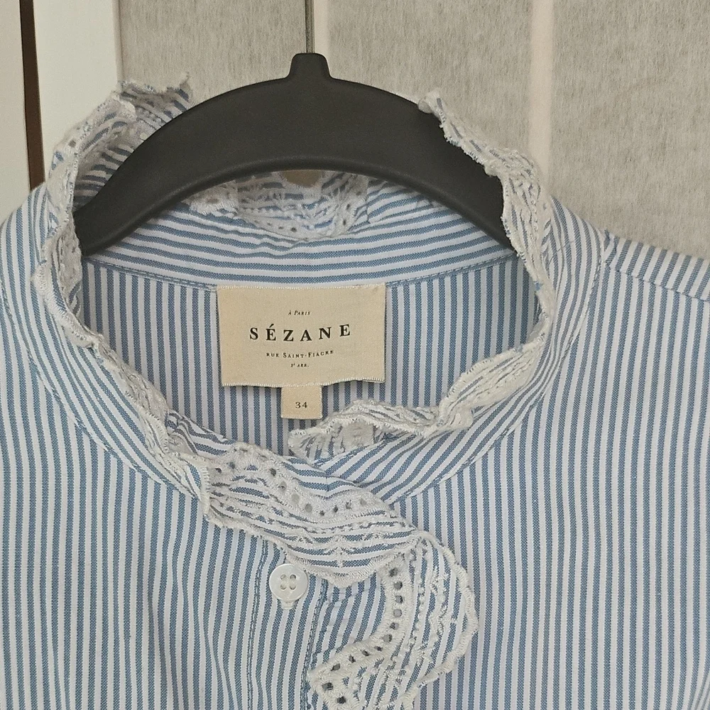 Navy Striped Women's Blouse with Ruffle Detail - Picture 2 of 11